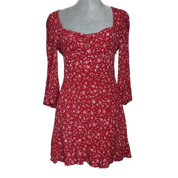 Zara Red Floral Mini Dress Size Small Western Boho Rodeo Festival Ditsy Floral - Picture 1 of 9